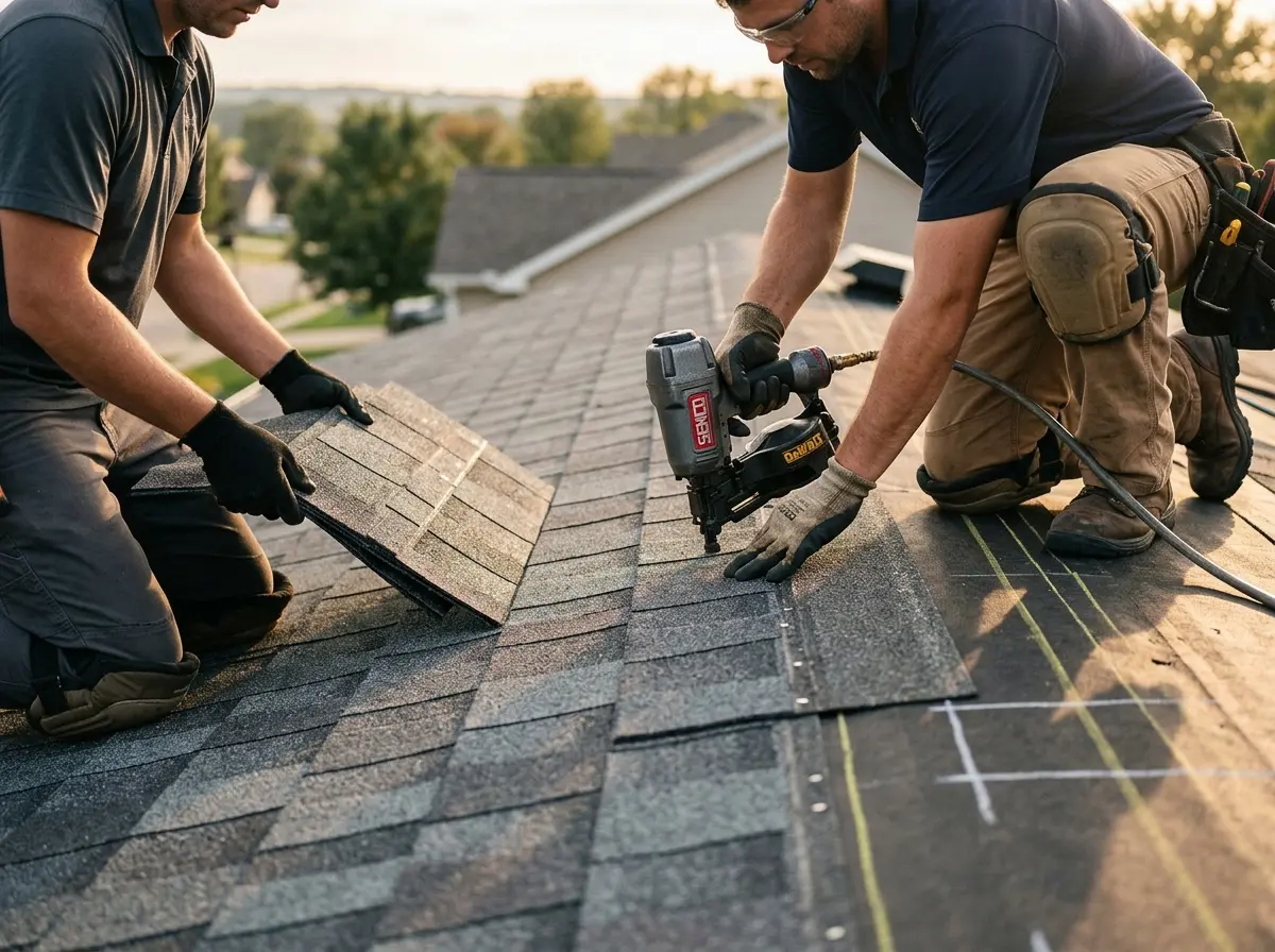 Professional roofer working on a residential roof in Schiller Park